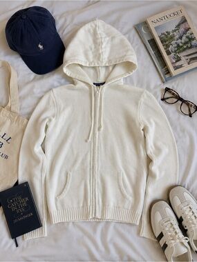Brandy Melville White Knit Zip Up Hoodie Sweater One Size Full Zip